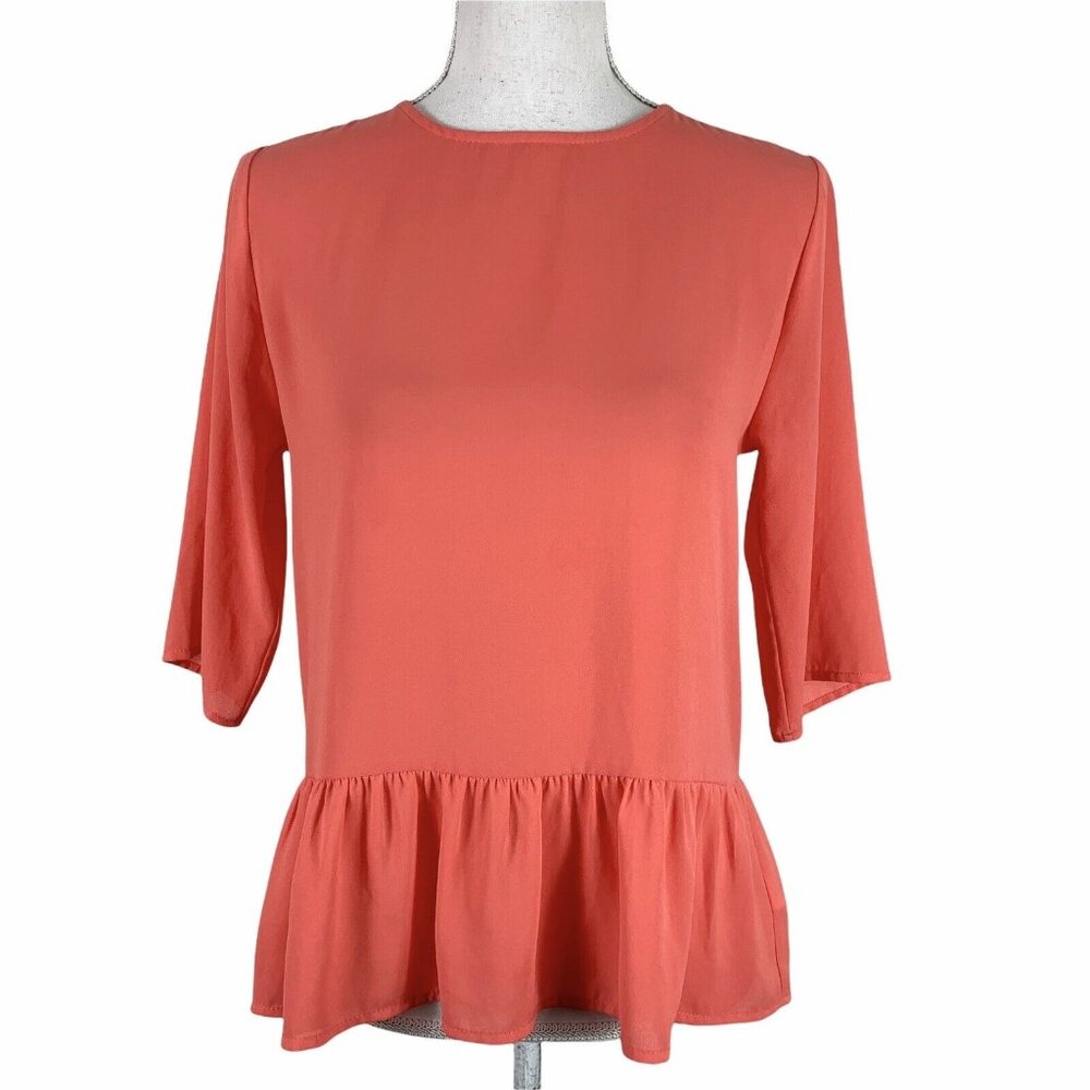 Everly Small Blouse Peplum 1/2 Sleeve Chiffon Semi Sheer Pink Coral Back Cutout